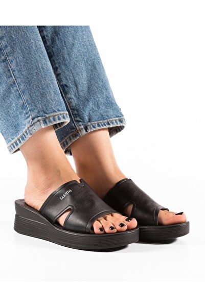 ALOGO Papuci dama cu platforma Negri din Piele Ecologica Yama