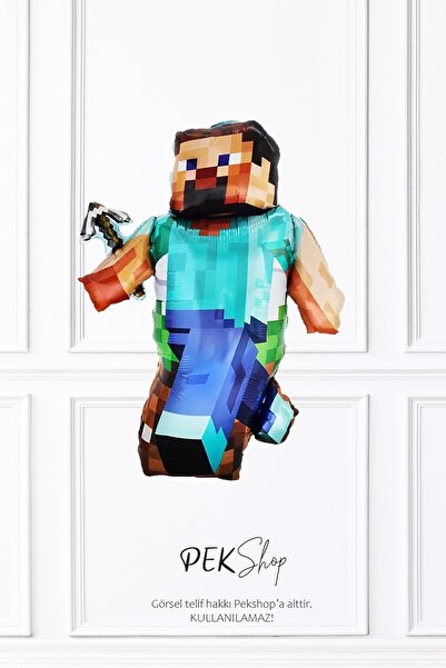 PEKSHOP Kazmalı Steve Folyo Balon Minecraft Tema Balon Büyük Steve Balon
