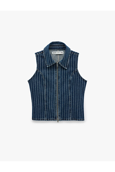 Koton Cotton Comfortable Fit Sleeveless Classic Collar Zippered Denim Vest
