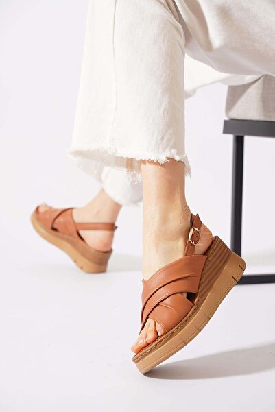 Moda Pie صندل نسائي من الجلد الأصلي مطوي من نوع سيرتم كروس بانت بلون تابا