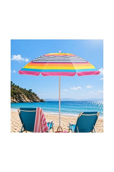 OEM Umbrela de Plaja Fucsia cu Dungi Galbene, Cadru Metalic Durabil, Protecti...