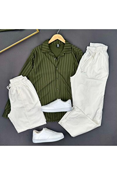 THEGENTMAN Striped Crepe Shirt Linen Shorts Linen Baggy Pants 3-Piece Set