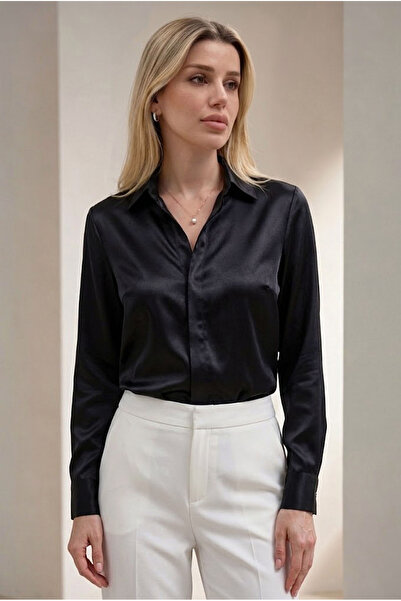 ECOTİQUE Black Satin Shirt Women's Hidden Buttoned Slim Fit Tight Fit Stylish...