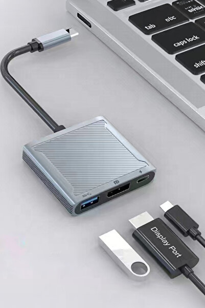 ThenTech Şarj Destekli 3 in 1 Type C DisplayPort Dönüştürücü Adaptör USB 3.0 Çoklu Çoğaltıcı Gümüş
