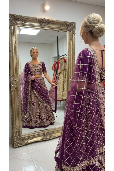Aashiv's Collection Gelinlik Hint Lehenga Choli Takımı Mor İşlemeli