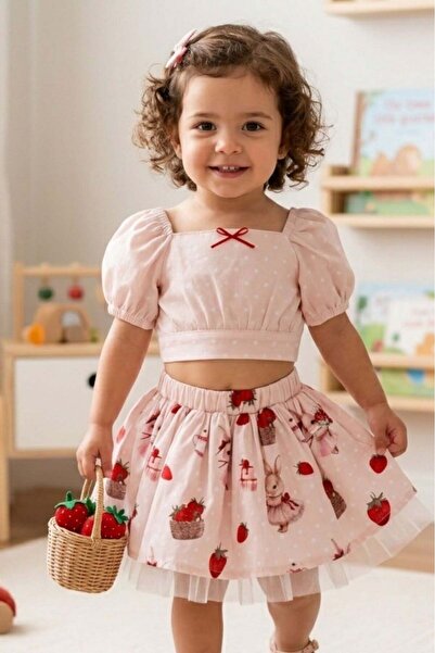 Cantoy Girls Strawberry and Rabbit Pattern Crop Blouse and Skirt 2-Piece Summ...