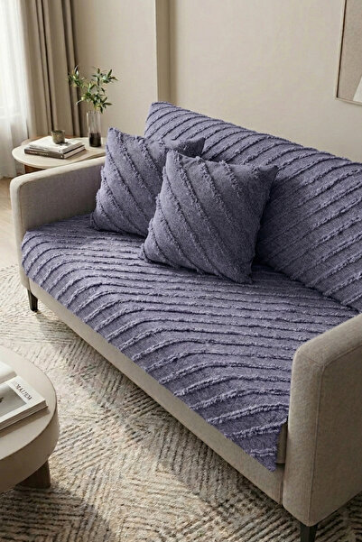 Onaltı Tekstil Bearded Chenille Sofa Cover + 2 Piece Throw Pillow Cover Set M...