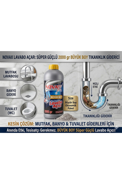 Novax Büyük Boy Lavabo Açar 2000 gr - Süper Güçlü Tıkanıklık Giderici Lavabo ...
