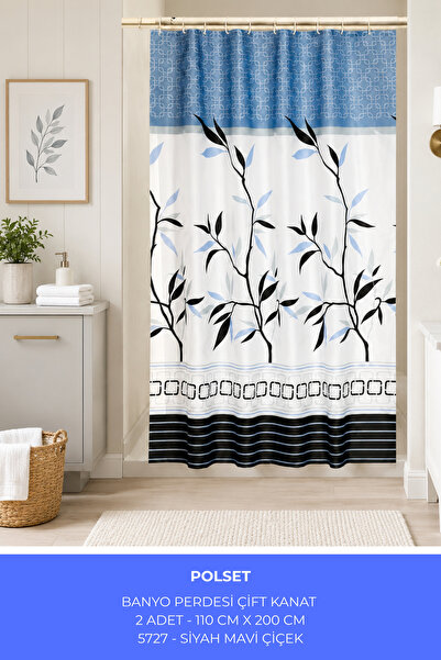 polset Desenli Şık Banyo Duş Küvet Perdesi Çift Kanat 2’li Set 100x200 cm Hal...