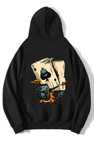 BRZ COLLECTION Hanorac unisex supradimensionat cu cărți de poker, negru