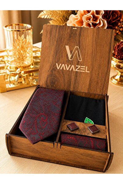 vavazel Premium Ahşap Kutulu Erkek Kravat Seti – 7.5 cm Klasik Bordo Şal Dese...