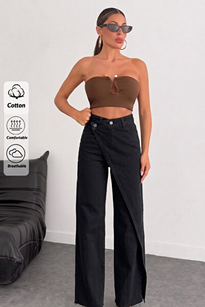 XRAY JEANS Women's Black Denim Pants with Wide Legs and Skirt