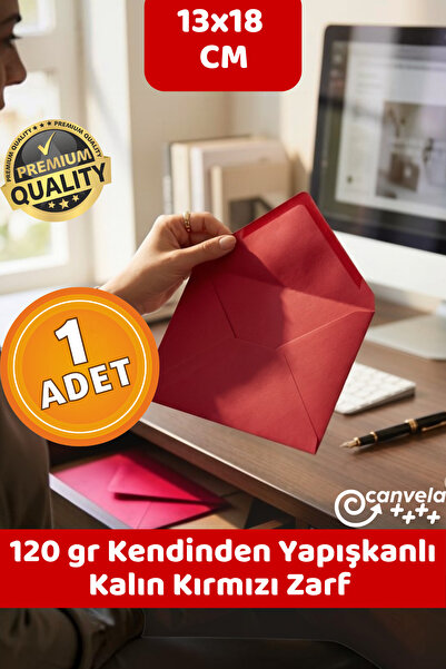 CANVELA 120 Gr. Kalın Premium Yapışkanlı Kırmızı Zarf 13x18 cm Mektup Kartpos...