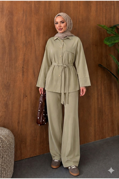 moda paketi Women's Belted Shirt and Pants Set – Comfortable Fit Islamic Clot...