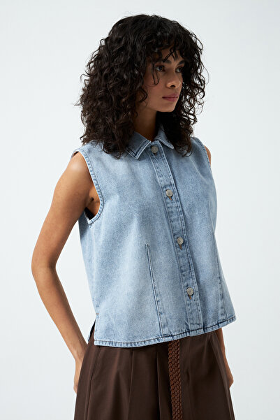 NAGRADA Düğmeli Sıfır Kol Denim Gömlek - Mavi