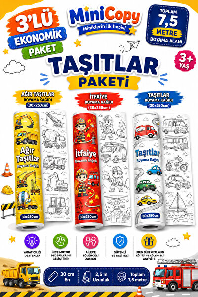 BiWini MiniCopy 3’lü Dev Boyama Kağıdı Seti – 7,5 Metre Eğlence – 3 Farklı Te...