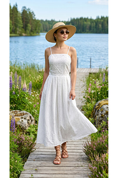 PİNK FLY Embroidered Fabric Strap Lined Dress