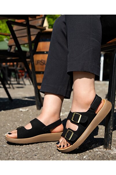 ALOGO Women's Black Sandals Made of Ecological Suede Leather Ytaa