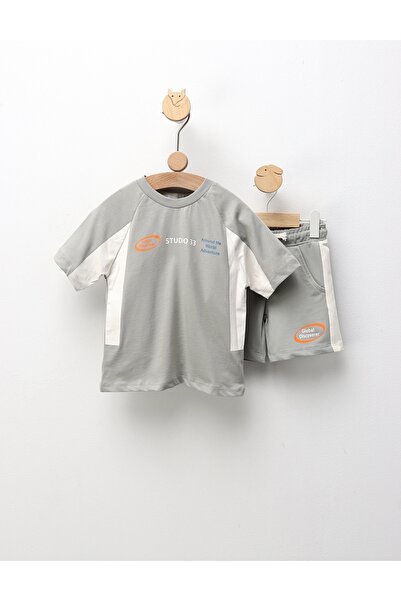 MiniKids Summer Top Bottom Set , Around The World, with gray