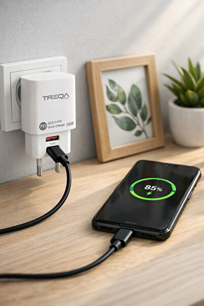Treqa QC3.0 + PD Quick Charger 38W – Încărcător rapid USB + Type‑C, alb