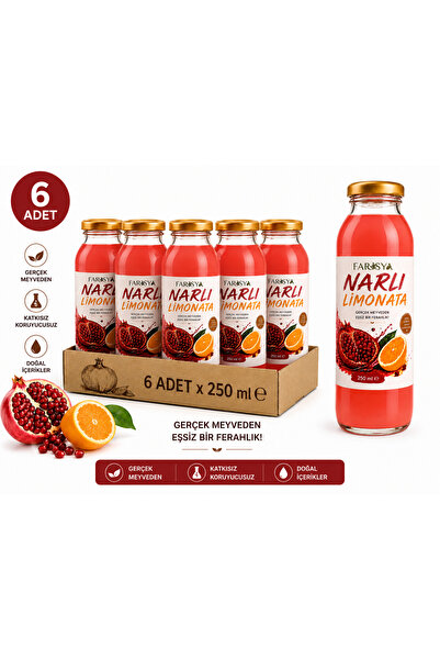 Narlı Limonata 6 x 250 ml Cam Şişe | Doğal Limon Suyu İçerir | Koruyucusuz Glutensiz Meyveli İçecek