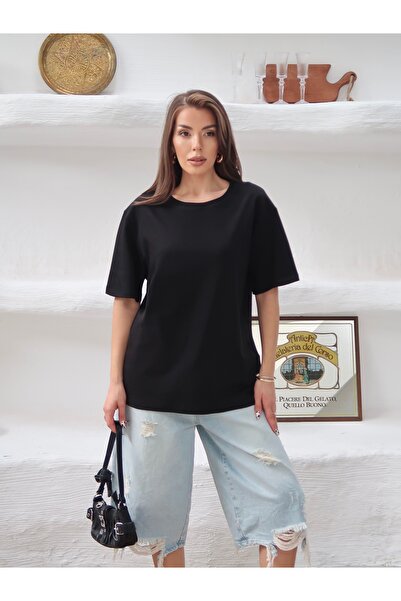 Paw Garage Tricou oversize din țesătură Mia Interlock, cu decolteu tip crew, ...