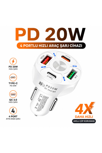 PD 20W Hızlı Şarj Araç Şarj Cihazı 4 Portlu Type-C USB QC 3.0 Çakmaklık Şarj Adaptörü