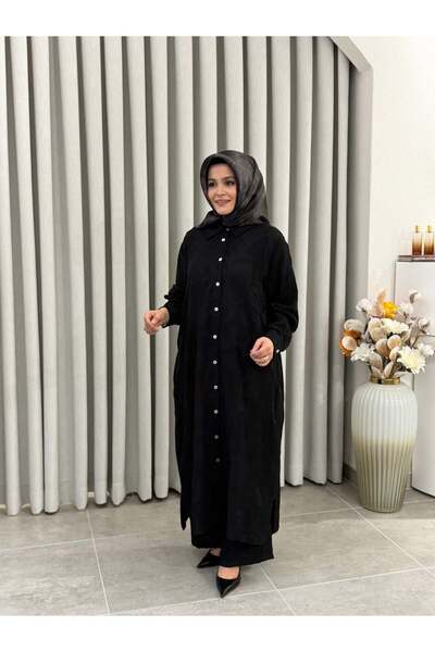 KADO DESENLİ PAMUK TENCEL PANTALONLU TAKIM SİYAH BÜYÜK BEDEN