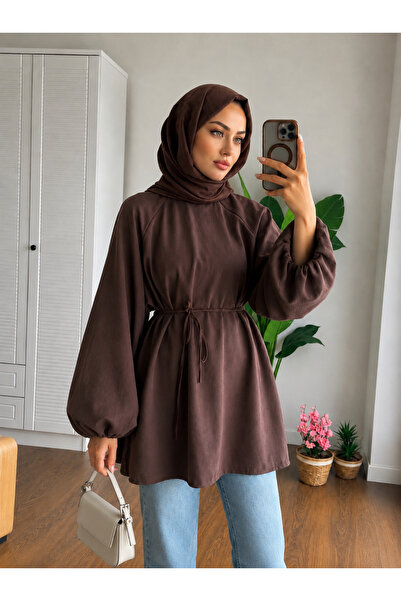 qeteen Brown Modal Fabric Tie-Waist Balloon Sleeve Hijab Tunic