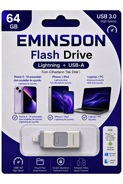EMiNSDON 64Gb Flash Memory Lightning Otg USB Compatible with iPhone 5-14 Mode...