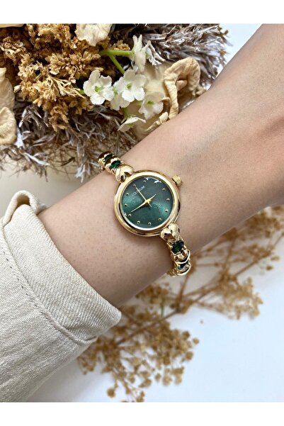Mazzy Round Stone Heart Cord Gold Green Dial Women Wrist Watch