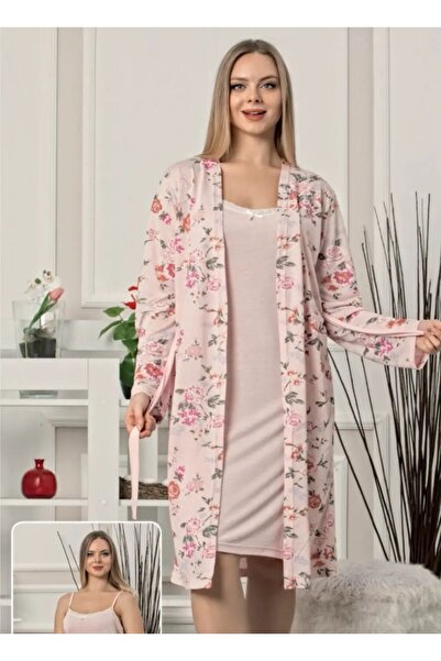 Pijamoni طقم لانجري وروب منزلي نسائي قطعتين بنقشة الورود الوردية