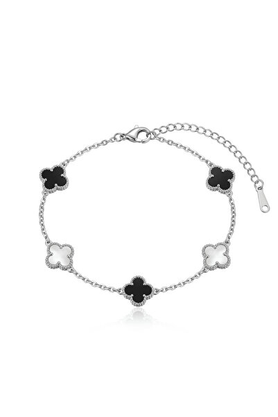 Elika Silver Black and White Enameled Flower Model Brand Bracelet