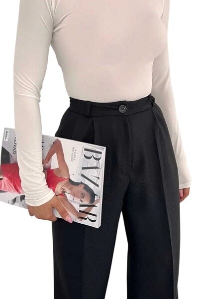 Livik Women's Black Comfortable Wide-Leg Pleated Fabric Pants