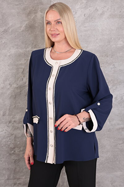 KİFAYET Plus Size (50-56) Chanel Button Detail Crew Neck Long Sleeve Women's ...