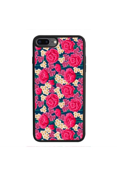 Other Apple iPhone 7 Plus Red and pink Flowers Black Glossy Θήκη