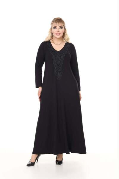 kısmet sepeti Women's Plus Size Black Matte Lace Collar Viscose Combed Cotton...