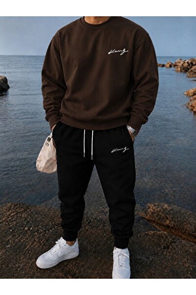 FAEL LİFE Unisex Wide Cut Zero Necklace and Sweatpants King Handwritten Print...