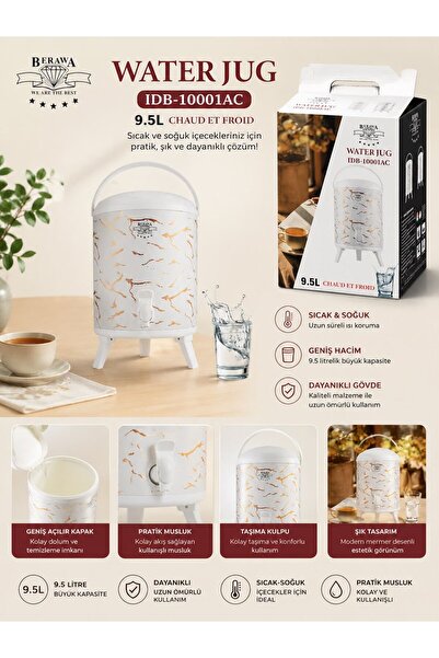 water Berawa 9.5L Musluklu İçecek Dispenseri Sıcak Soğuk İçecek Termosu Merme...