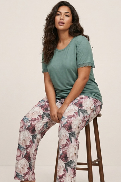 Siyah İnci Green Patterned Large Size Oversized Viscose Knitted Pajama Set