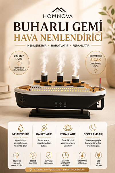 Homnova Titanic Gemi Hava Nemlendirici Aromaterapi Difüzör 7 Renk LED Gece La...