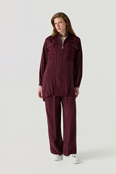 Zühre Zippered Pattern Detailed Drawstring Burgundy Jacket 0188