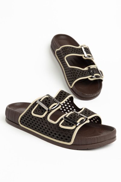 Moda Eleysa Betty Women's Brown-Beige Rubber Double Buckle Poly Sole Slippers