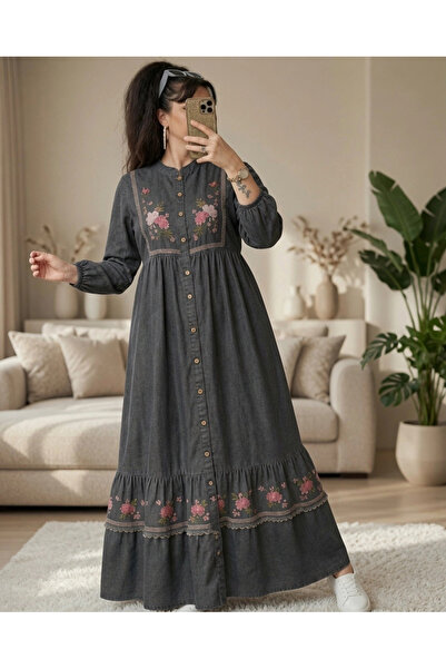 AZRA BUTİK Denim Embroidery Detailed and Buttoned Dress Gray