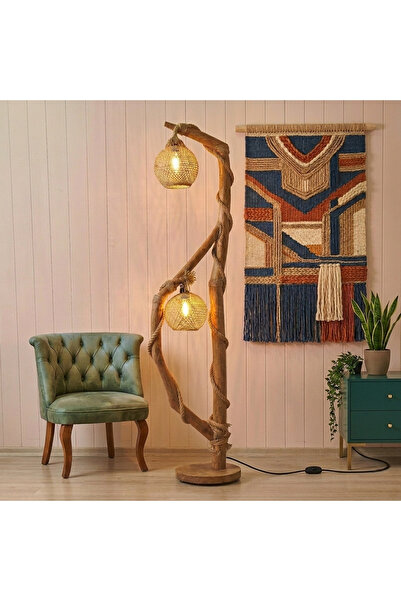 KOCOGLU WOODEN Doğal Ahşap Kavisli Tasarım Lambader - Jüt Halatlı 2'li El Yap...