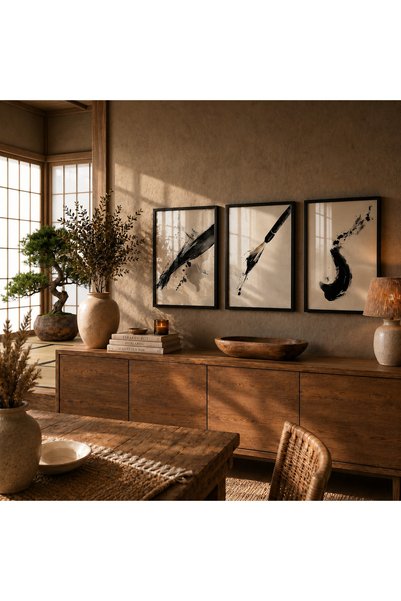Bourdua Design Sumi-e Üçlüsü | Japon Mürekkep Sanatı Soyut Set Duvar Sanatı