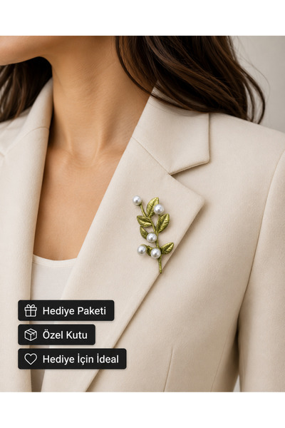 HER ŞEY NOTA www.herseynota.com Kadın İnci Detaylı Yaprak Broş - Şık Ceket Ya...
