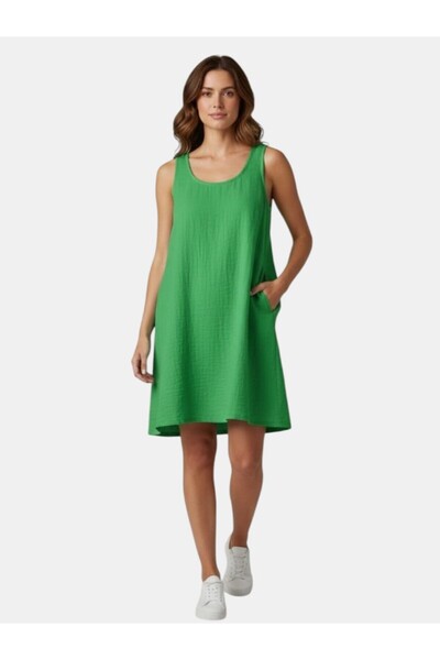 MODA Women's Muslin Linen Sleeveless Above-Knee Dress with Side Pockets Comfo...