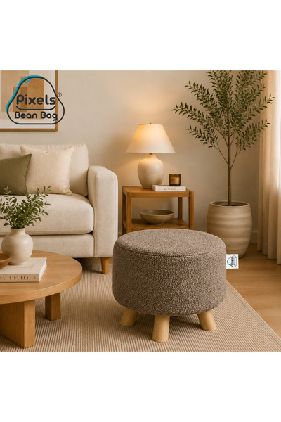 PixelsBeanBag مقعد عثماني دائري عريض قماش بوكليه من بكسل بين باج، بقواعد خشبي...