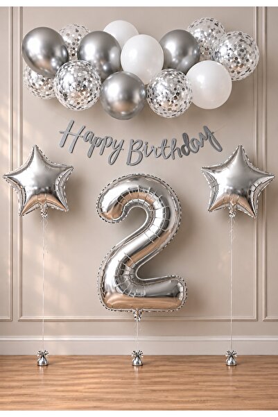 SİNDA Happy Birthday Gümüş -Doğum Günü Partisi Seti - Yaş Günü Konsepti - Rak...